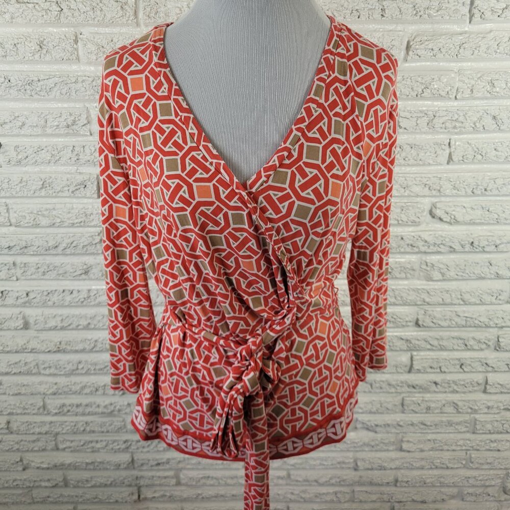 New York & Company Women's XL Top Red Tan Geometric V-Neck Belted GEO223E
